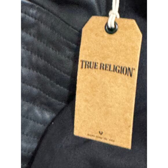 True Religion Denim and Leather Sleeve Moto Biker Jacket Size Small Petite - Picture 10 of 11